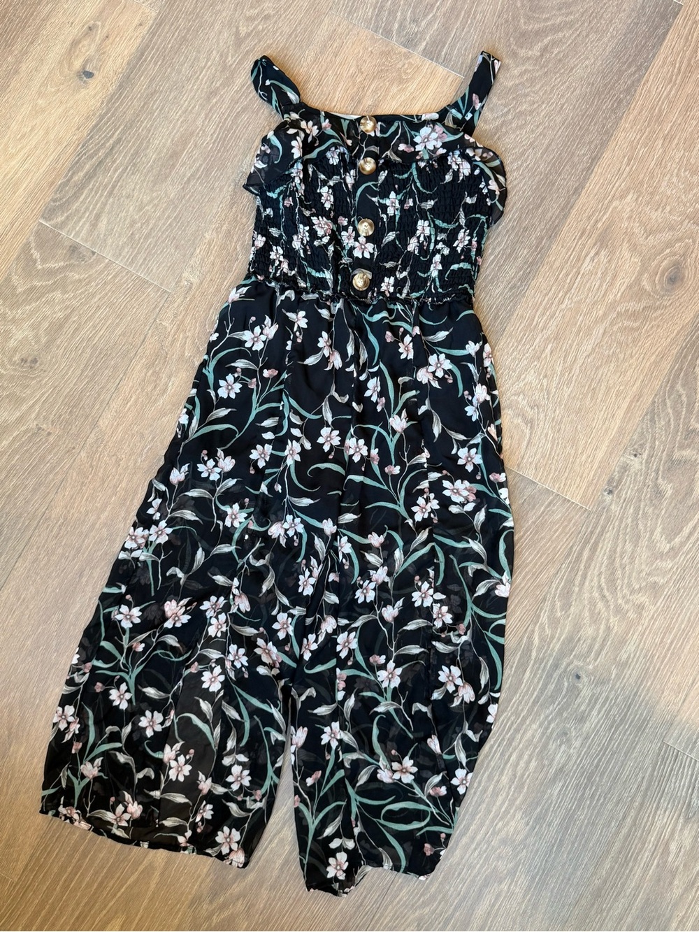 Black Floral Button-Front romper pants suit